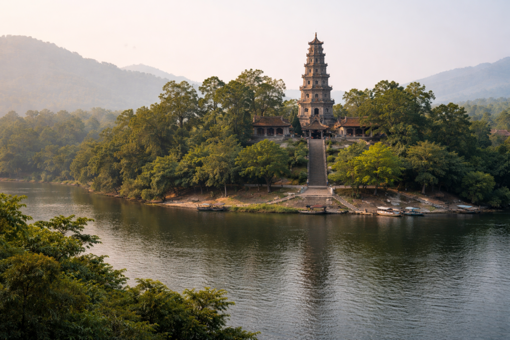 Thien-Mu-Pagode leicht erhöht über dem Parfümfluss mit Blick auf die umliegende Landschaft