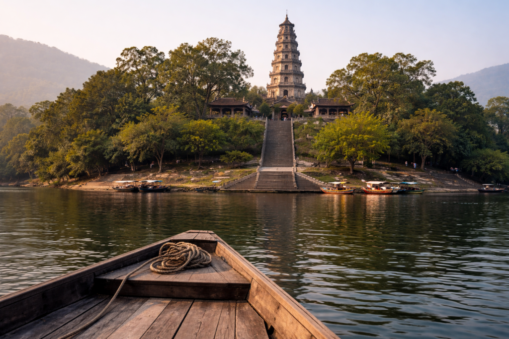 Annäherung an die Thien-Mu-Pagode vom Parfümfluss aus mit Blick vom Boot