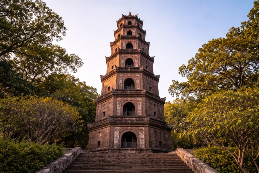 Siebenstöckiger Phước-Duyên-Turm der Thien-Mu-Pagode aus der Froschperspektive