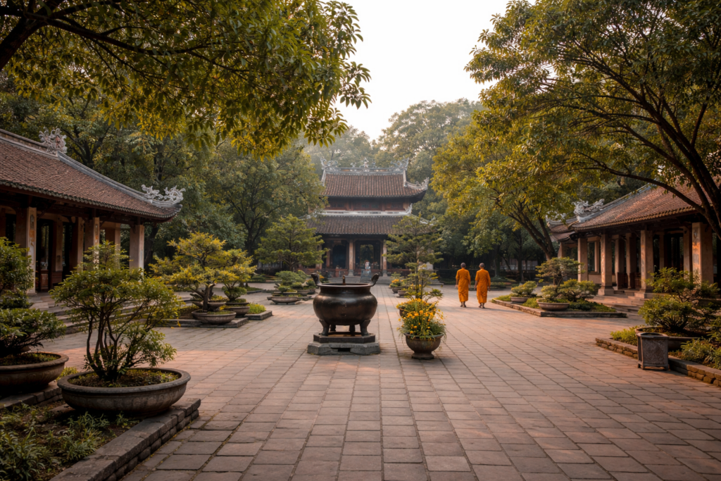Innenbereich der Thien-Mu-Pagode mit Wegen, Gebäuden und ruhiger Atmosphäre