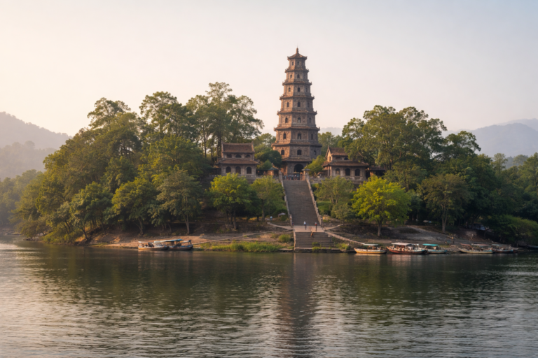 Thien-Mu-Pagode in Hue mit dem siebenstöckigen Turm am Parfümfluss bei ruhigem Morgenlicht