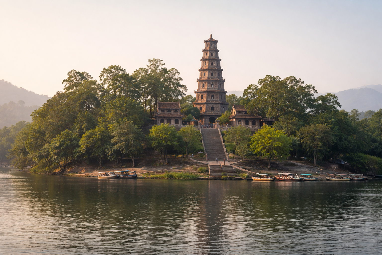 Thien-Mu-Pagode in Hue mit dem siebenstöckigen Turm am Parfümfluss bei ruhigem Morgenlicht