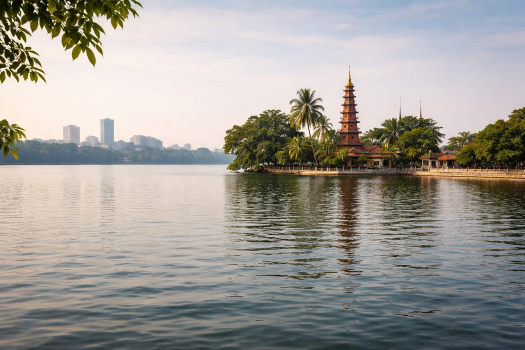Blick über den Westsee auf die Tran-Quoc-Pagode in Hanoi mit viel Wasserfläche im Vordergrund