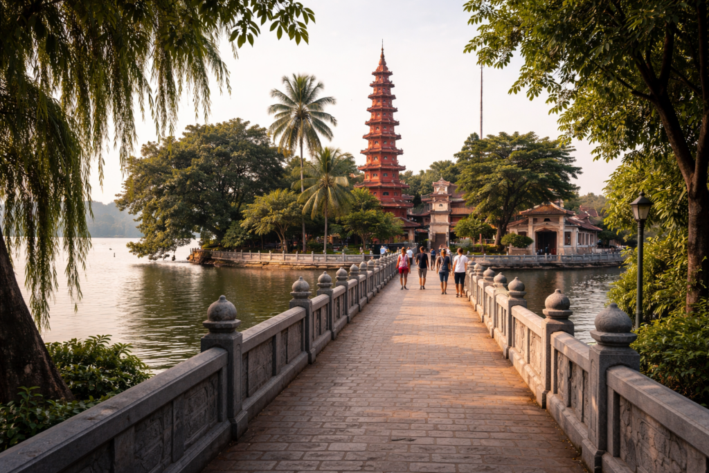Schmaler Zugang zur Tran-Quoc-Pagode über einen Damm mit Bäumen und Besuchern