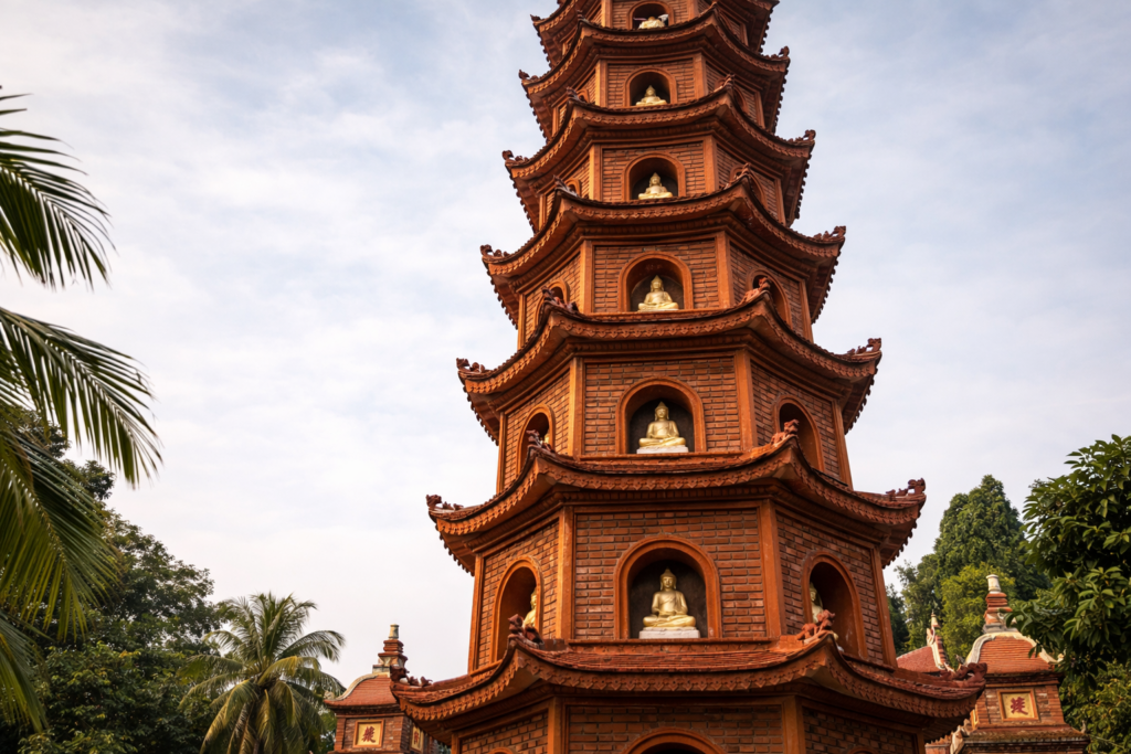Roter Stupa der Tran-Quoc-Pagode aus niedriger Perspektive mit sichtbaren Details