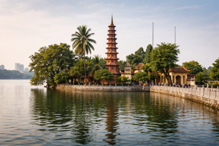 Tran-Quoc-Pagode auf einer kleinen Insel im Westsee in Hanoi mit Verbindung zum Ufer
